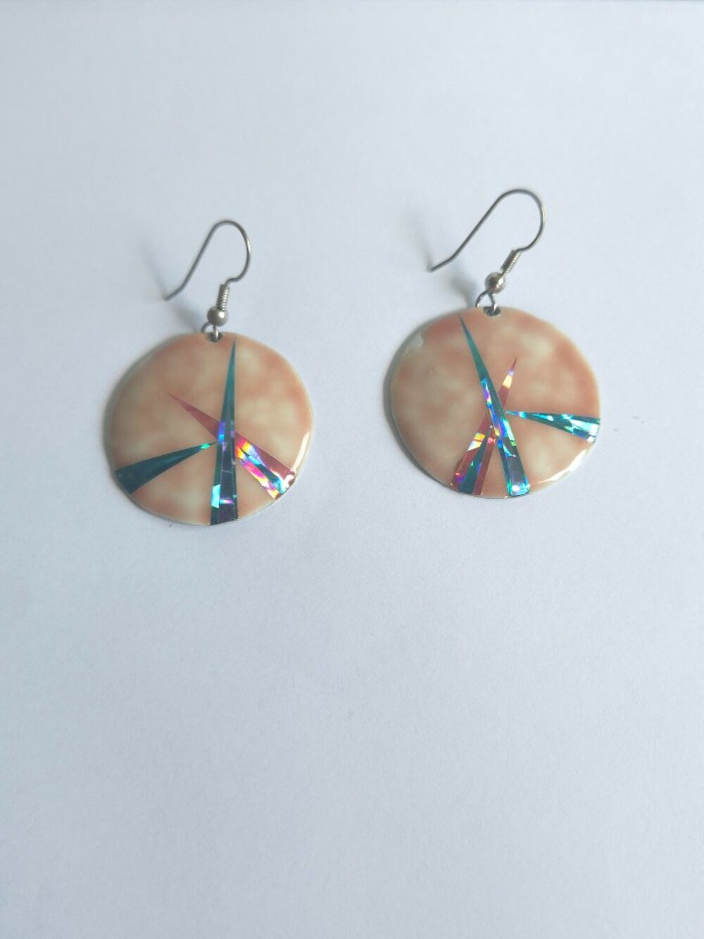 Vintage 1980s Modernist Brass Disk Dangle Earrings Holographic Rainbow